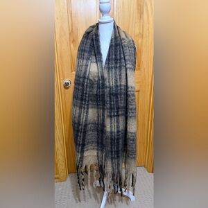 Plaid Fringe Bulky Scarf Wrap in Black & Tan.